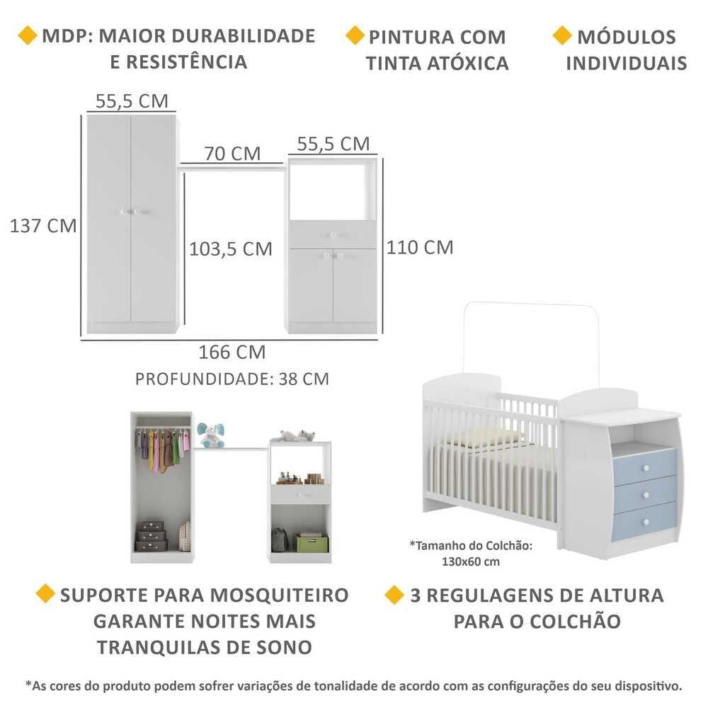 Encontraproduto.com.br - Quarto Infantil com Berço-Cômoda Laura Multimóveis Branco/Azul