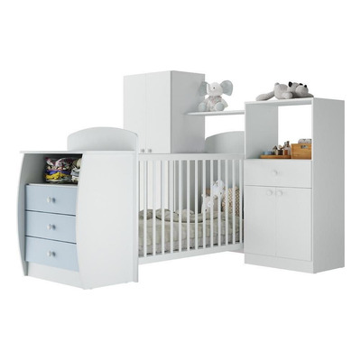 Quarto Infantil com Berço-Cômoda Laura Multimóveis Branco/Azul