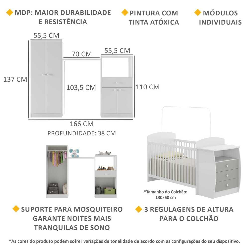 Encontraproduto.com.br - Quarto Infantil com Berço-Cômoda Laura Multimóveis Branco/Cinza