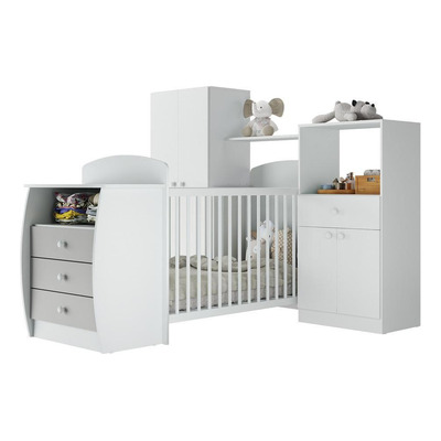 Quarto Infantil com Berço-Cômoda Laura Multimóveis Branco/Cinza