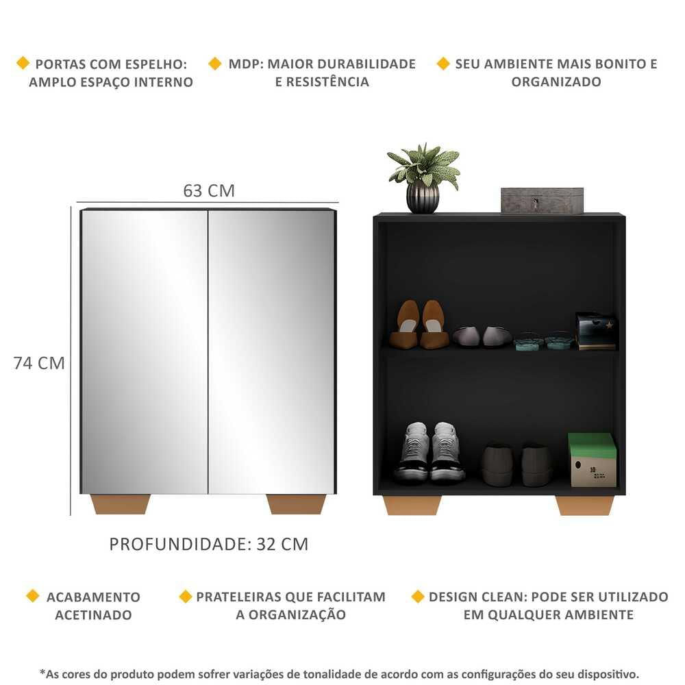 Encontraproduto.com.br - Sapateira 2 Portas com Espelho Nina Multimóveis Preta/Natural