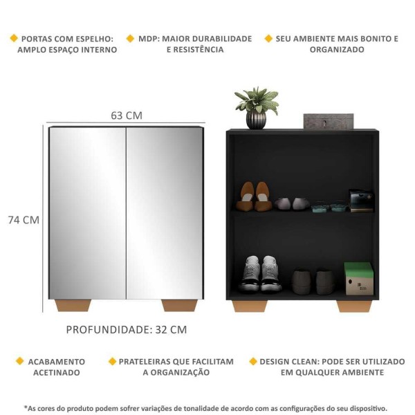 Encontraproduto.com.br - Sapateira 2 Portas com Espelho Nina Multimóveis Preta/Natural