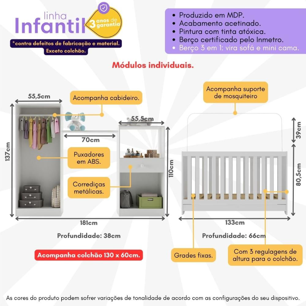 Encontraproduto.com.br - Quarto Infantil com Berço 3 em 1 e Colchão Incluso Luíza Multimóveis Branco
