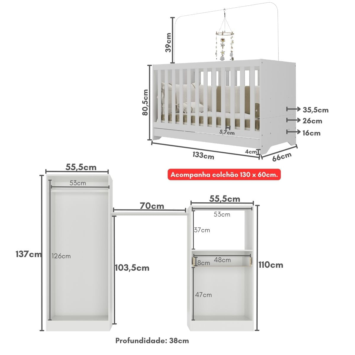 Encontraproduto.com.br - Quarto Infantil com Berço 3 em 1 e Colchão Incluso Luíza Multimóveis Branco