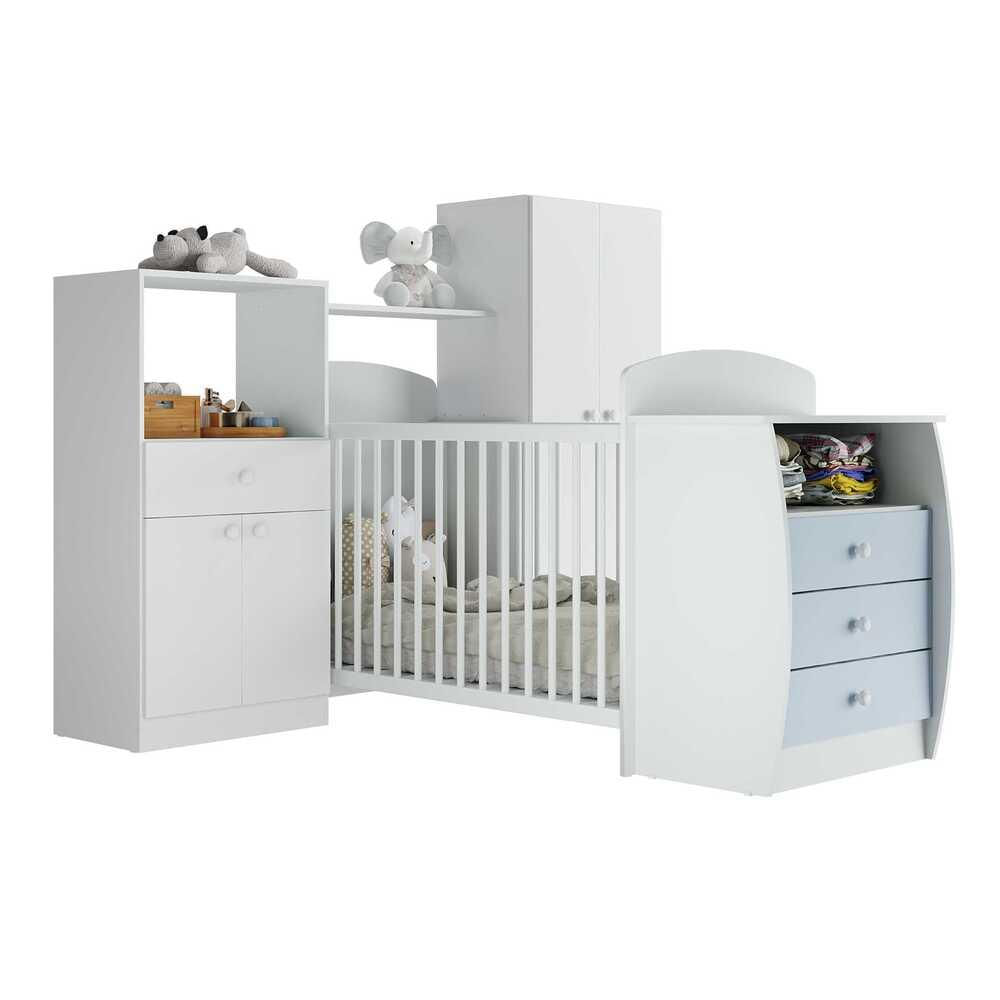 Encontraproduto.com.br - Quarto Infantil com Berço-Cômoda e Colchão Incluso Laura Multimóveis Branco/Azul