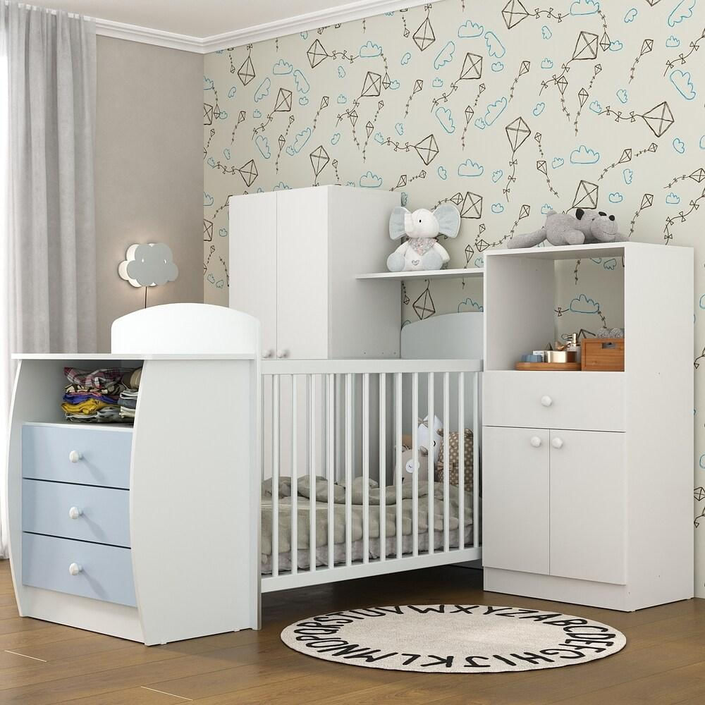Encontraproduto.com.br - Quarto Infantil com Berço-Cômoda e Colchão Incluso Laura Multimóveis Branco/Azul