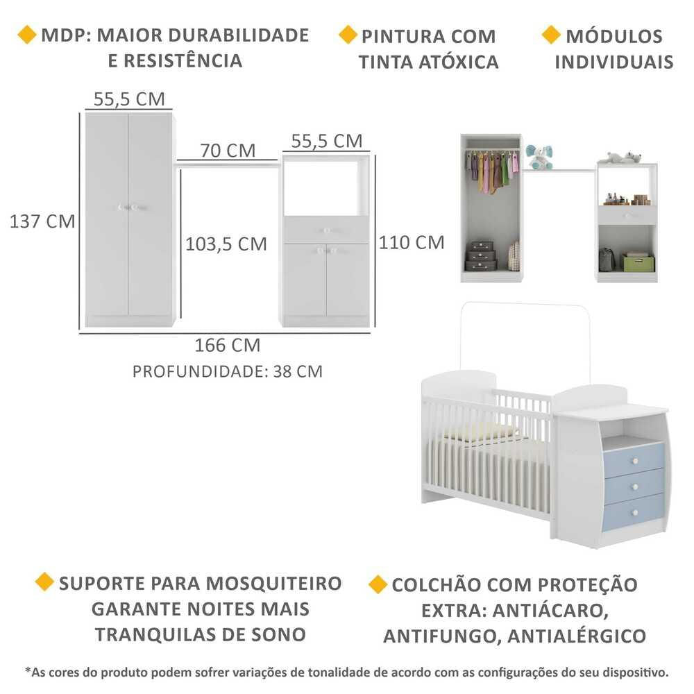 Encontraproduto.com.br - Quarto Infantil com Berço-Cômoda e Colchão Incluso Laura Multimóveis Branco/Azul