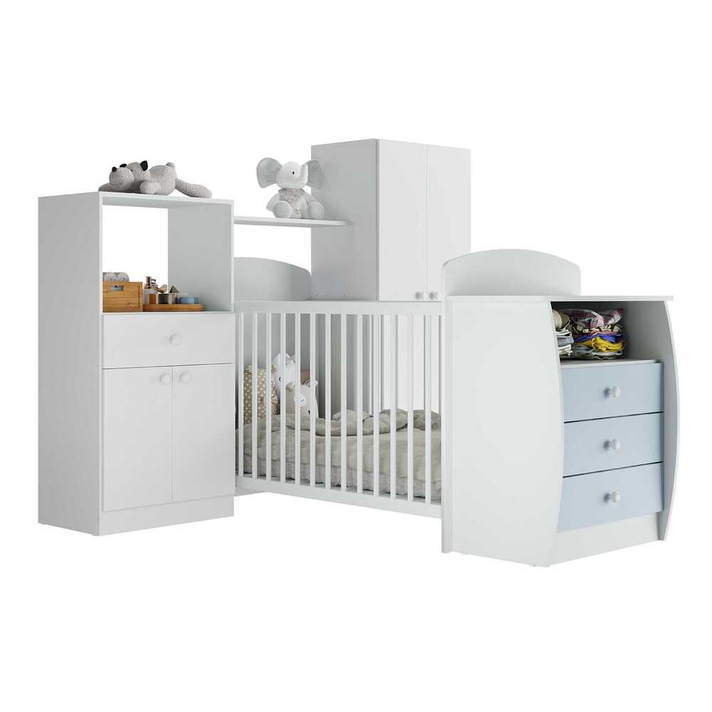 Encontraproduto.com.br - Quarto Infantil com Berço-Cômoda e Colchão Incluso Laura Multimóveis Branco/Azul