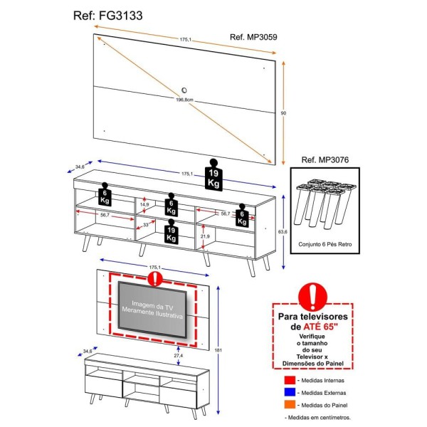 Encontraproduto.com.br - Rack Retrô com Painel para TV até 65