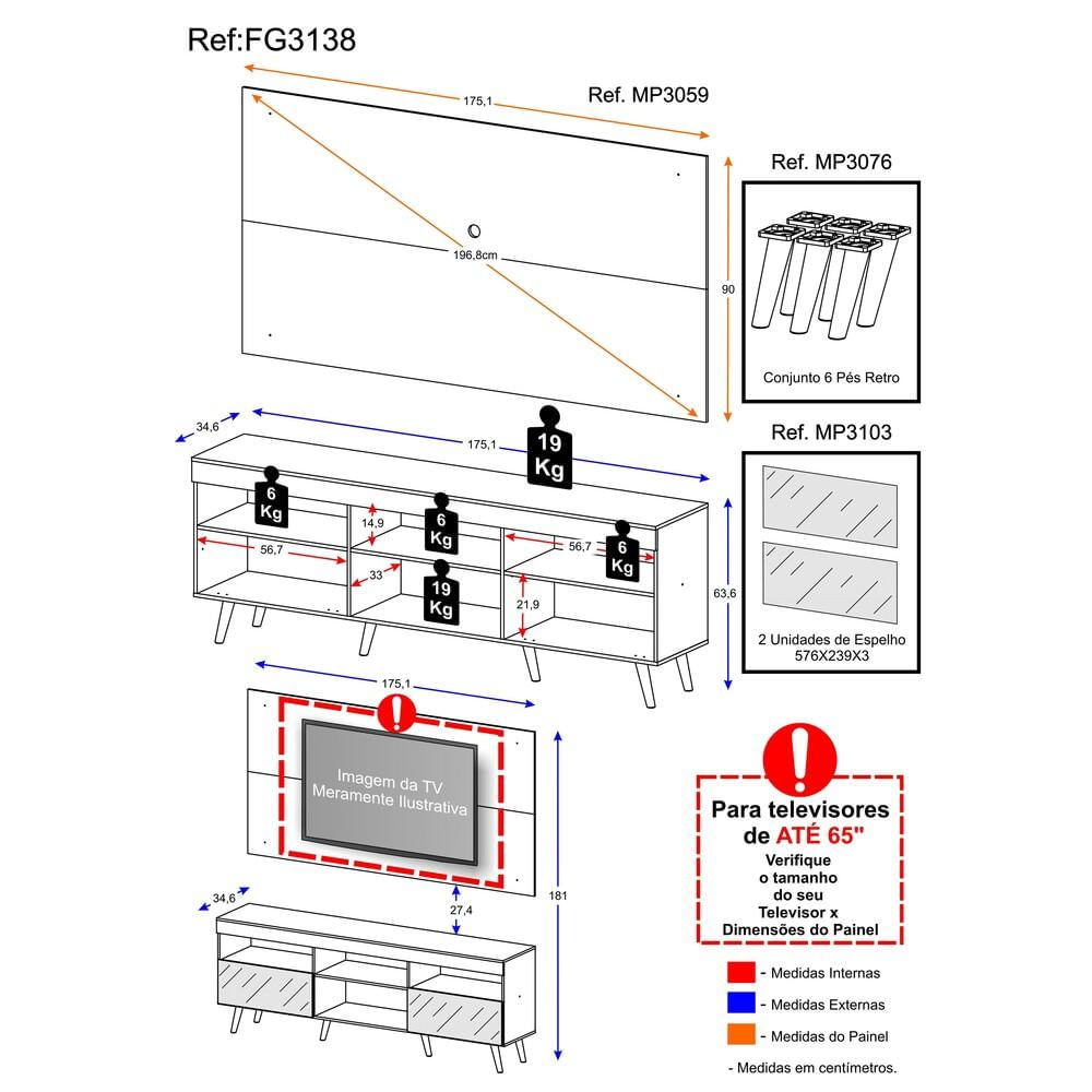 Encontraproduto.com.br - Rack com Painel Retrô com Espelho para TV até 65