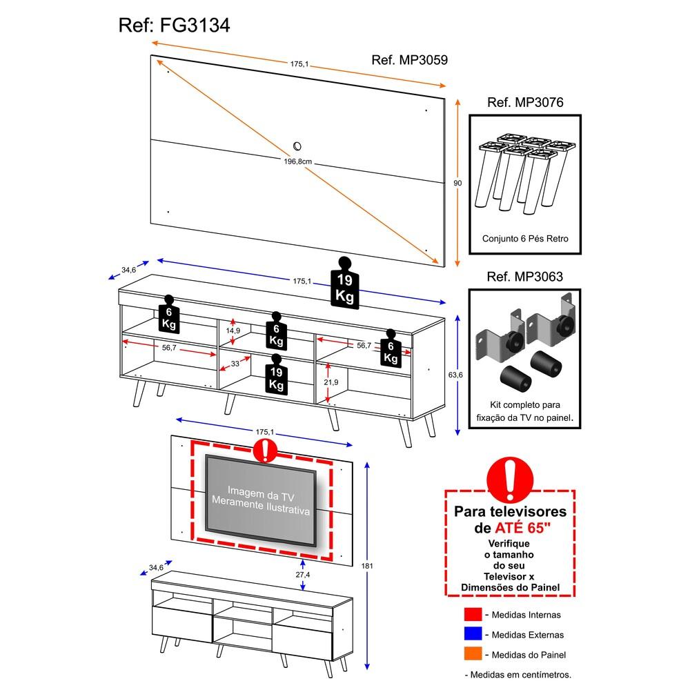 Encontraproduto.com.br - Rack Retrô com Painel e Suporte para TV até 65