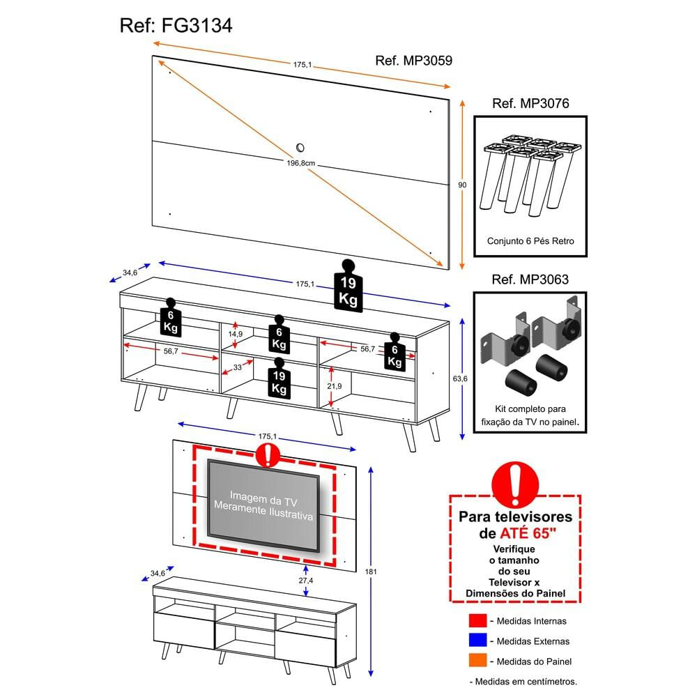 Encontraproduto.com.br - Rack Retrô com Painel e Suporte para TV até 65