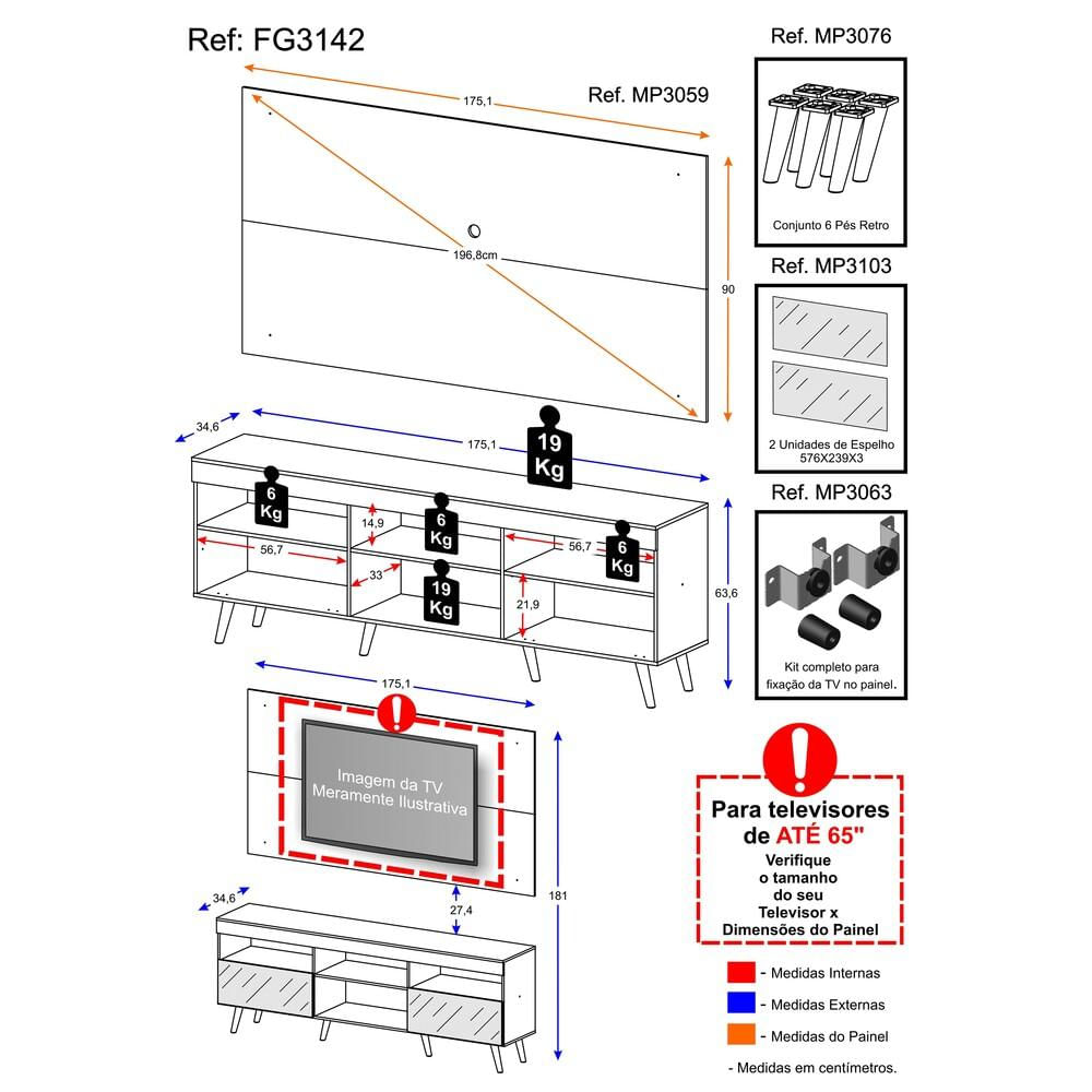 Encontraproduto.com.br - Rack Retrô c/ Espelho e Painel com Suporte para TV até 65