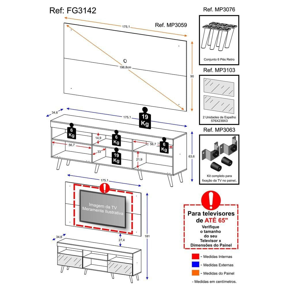 Encontraproduto.com.br - Rack Retrô c/ Espelho e Painel com Suporte para TV até 65
