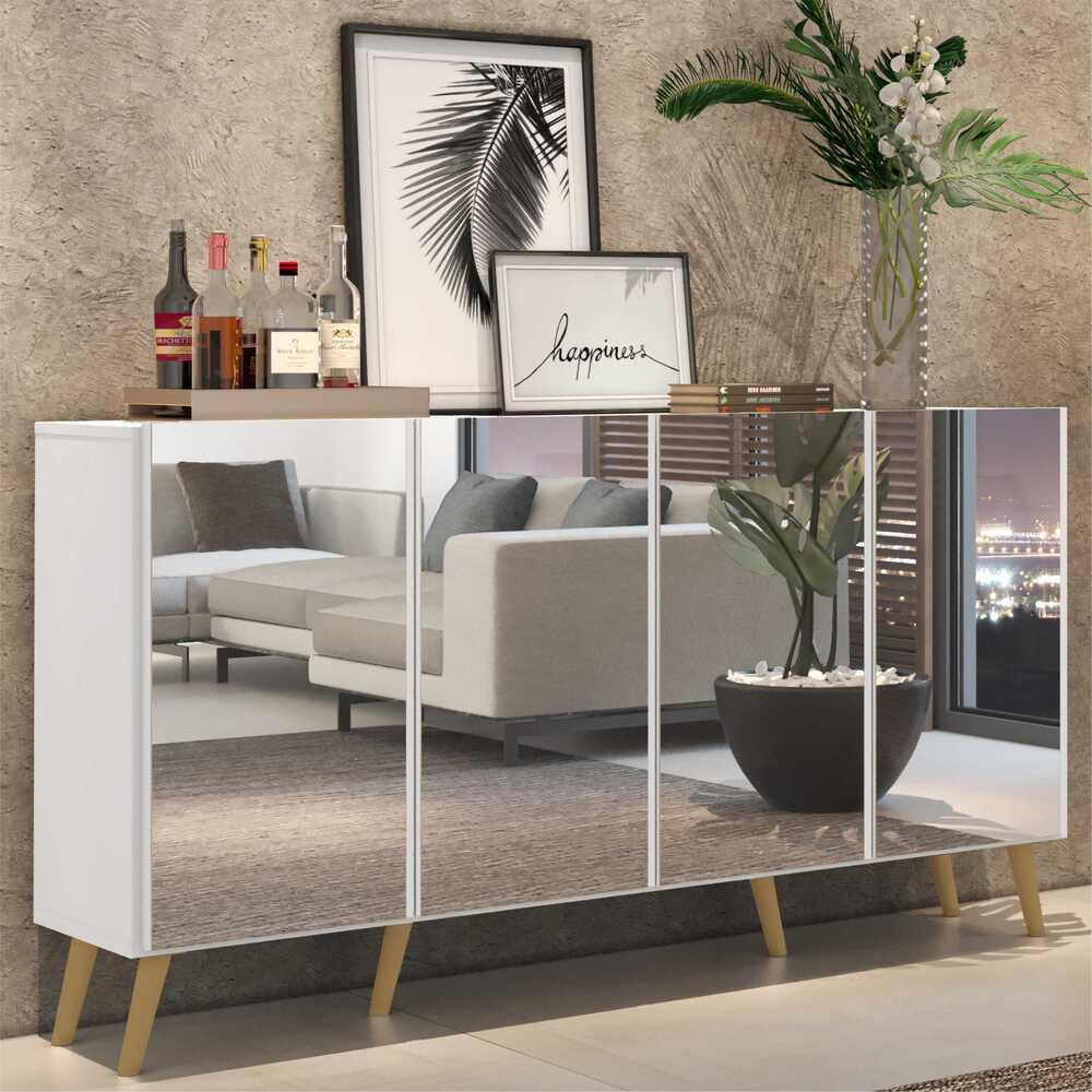 Encontraproduto.com.br - Aparador Buffet Retrô com Espelho Multimóveis Veneza com 4 Portas FG3559 Branco/Natural