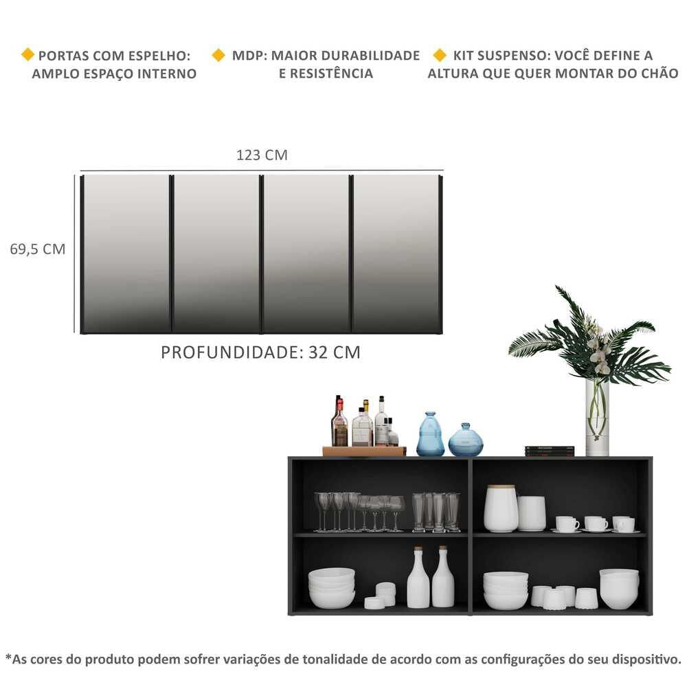 Encontraproduto.com.br - Aparador Buffet Suspenso com Espelho Multimóveis Vegas com 4 Portas FG3596 Preto