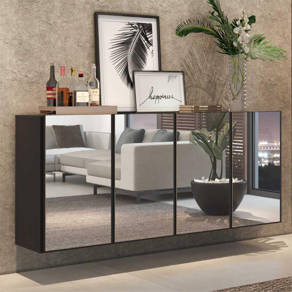 Encontraproduto.com.br - Aparador Buffet Suspenso com Espelho Multimóveis Vegas com 4 Portas FG3596 Preto