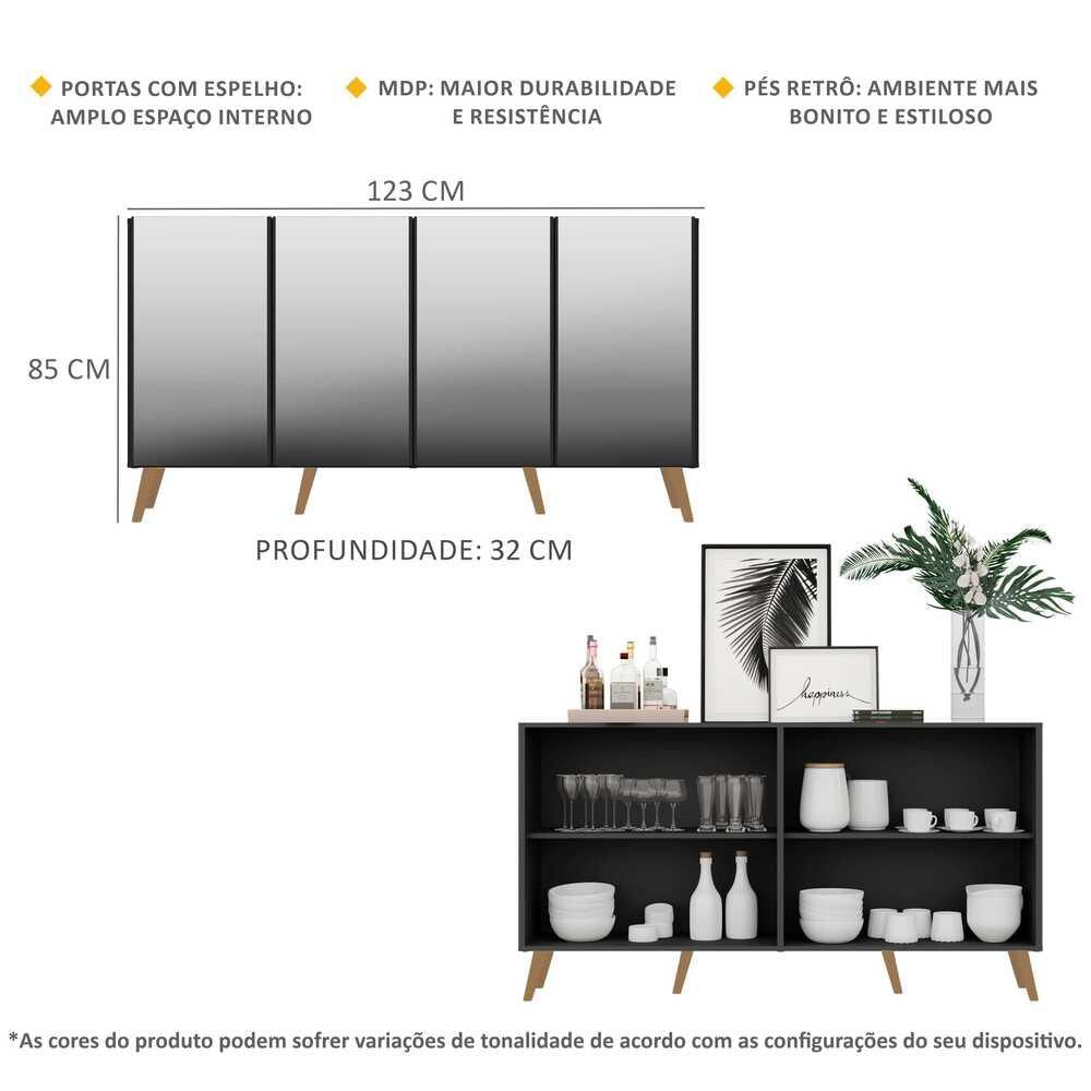 Encontraproduto.com.br - Aparador Buffet Retrô com Espelho Multimóveis Veneza com 4 Portas FG3559 Preto/Natural