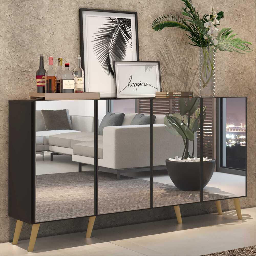 Encontraproduto.com.br - Aparador Buffet Retrô com Espelho Multimóveis Veneza com 4 Portas FG3559 Preto/Natural