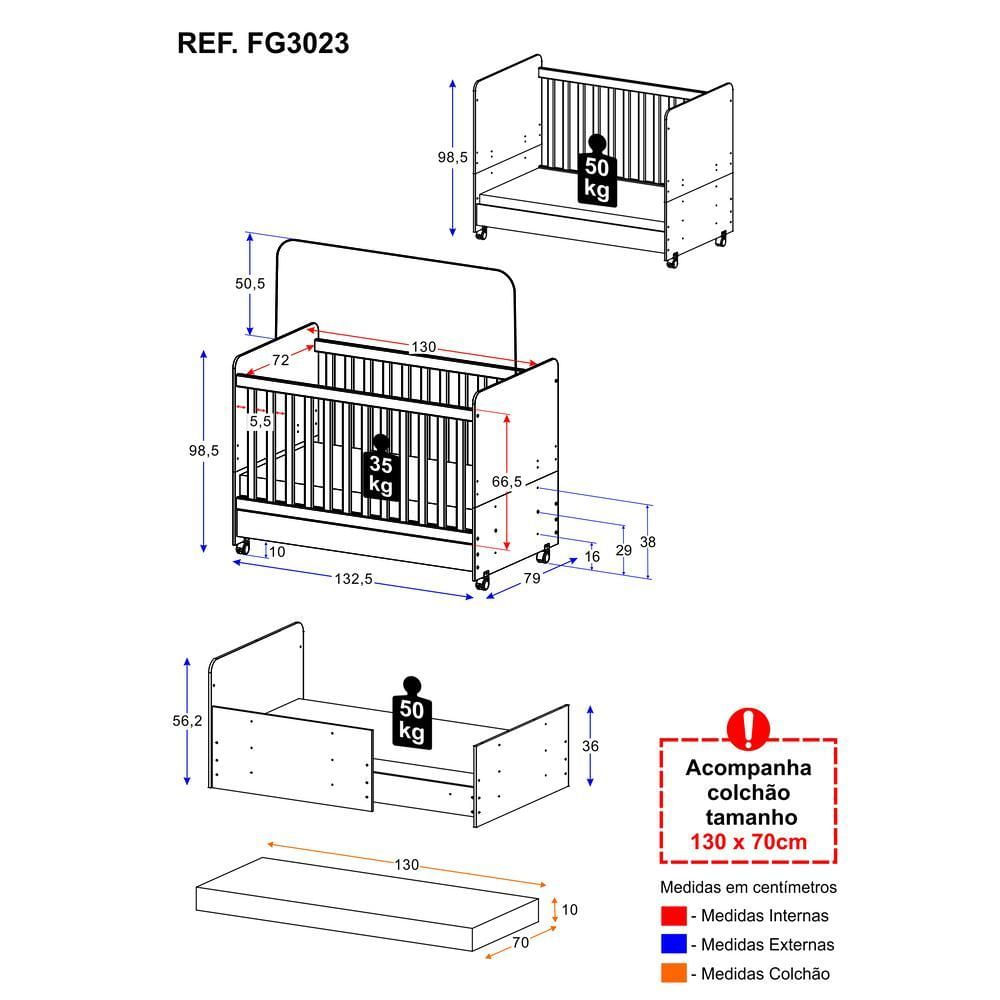 Encontraproduto.com.br - Berço Americano 3 em 1 com Colchão Incluso e Rodízios Multimóveis Bambino FG3023 Branco