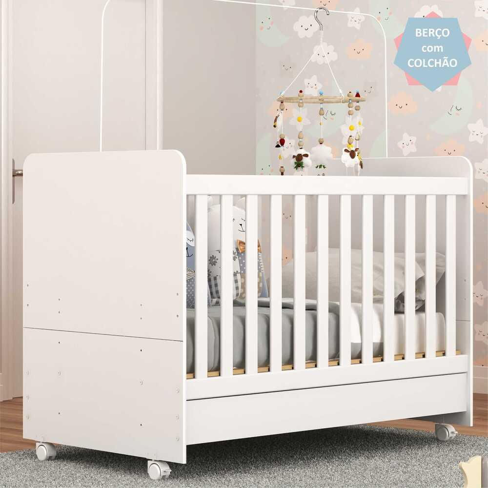 Encontraproduto.com.br - Berço Americano 3x1 com Colchão Incluso e Rodízios Pimpolho Multimóveis FG3568 Branco