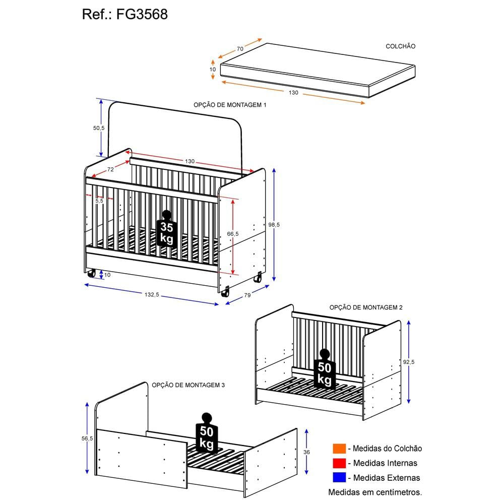 Encontraproduto.com.br - Berço Americano 3x1 com Colchão Incluso e Rodízios Pimpolho Multimóveis FG3568 Branco