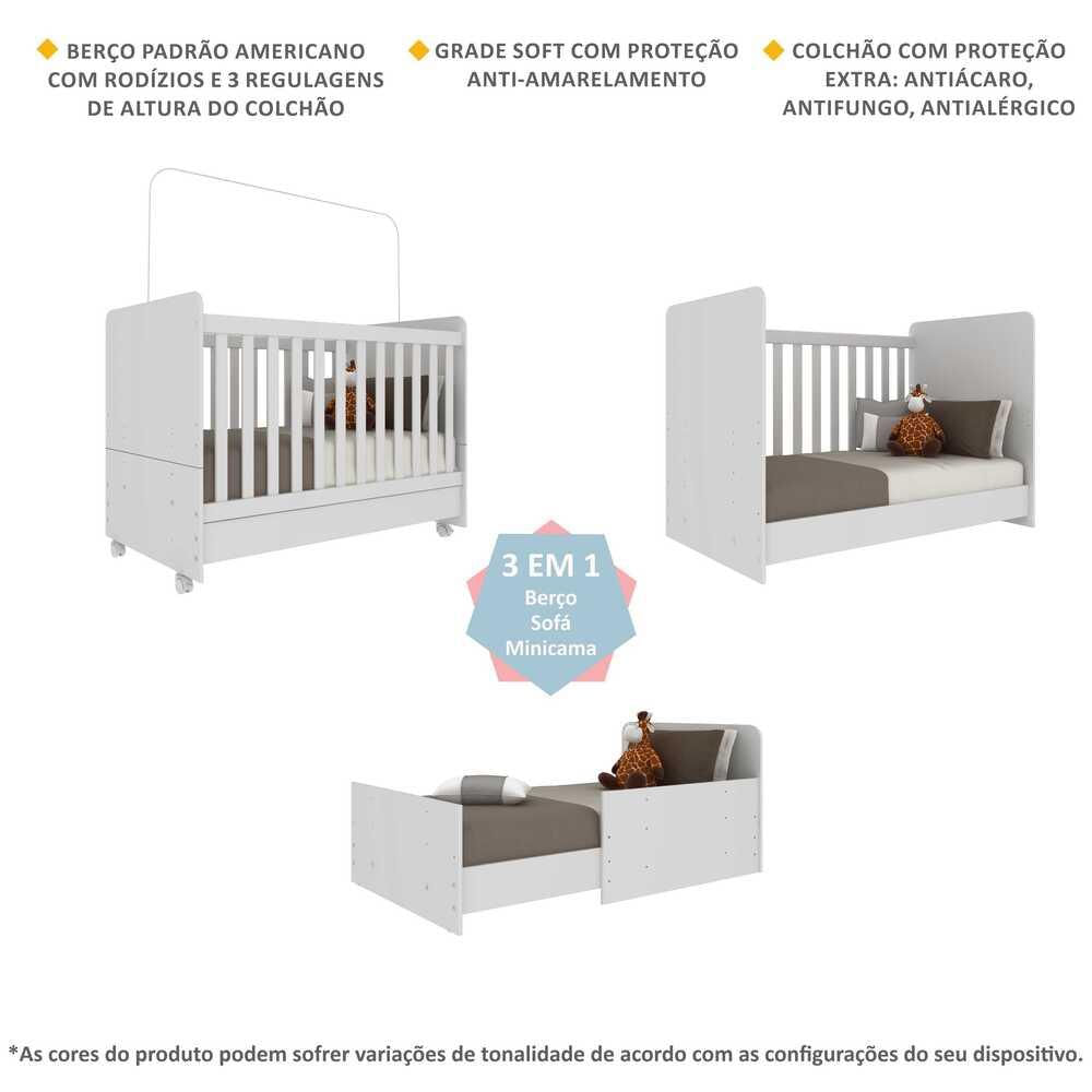 Encontraproduto.com.br - Berço Americano 3x1 com Colchão Incluso e Rodízios Pimpolho Multimóveis FG3568 Branco