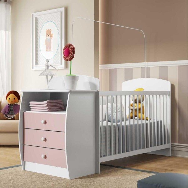Encontraproduto.com.br - Berço Cômoda para Colchão 60 x 130 cm  Rafael Multimóveis FG0516 Branco/Rosa