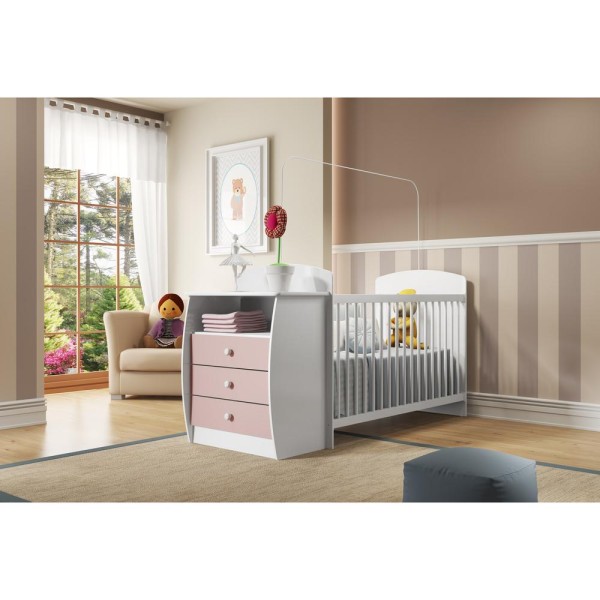 Encontraproduto.com.br - Berço Cômoda para Colchão 60 x 130 cm  Rafael Multimóveis FG0516 Branco/Rosa
