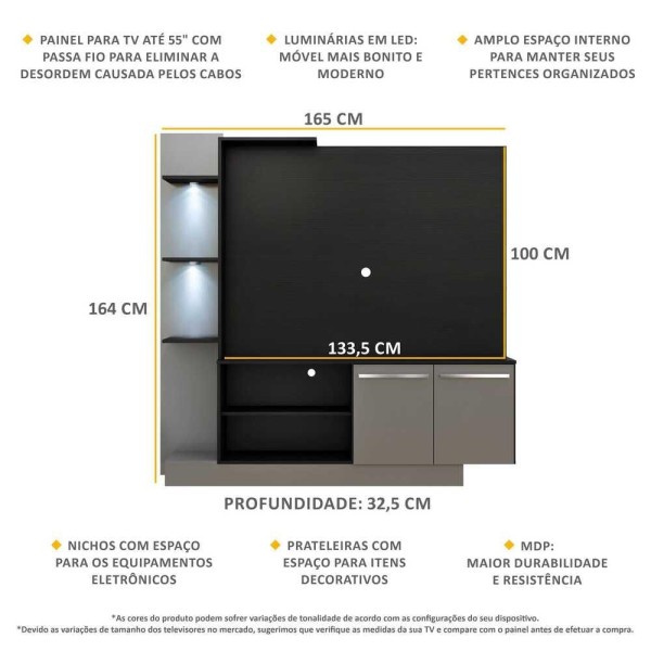 Encontraproduto.com.br - Estante Com 3 Leds Para Tv Até 55´´ Dallas Fg3398 Preta/lacca Fumê