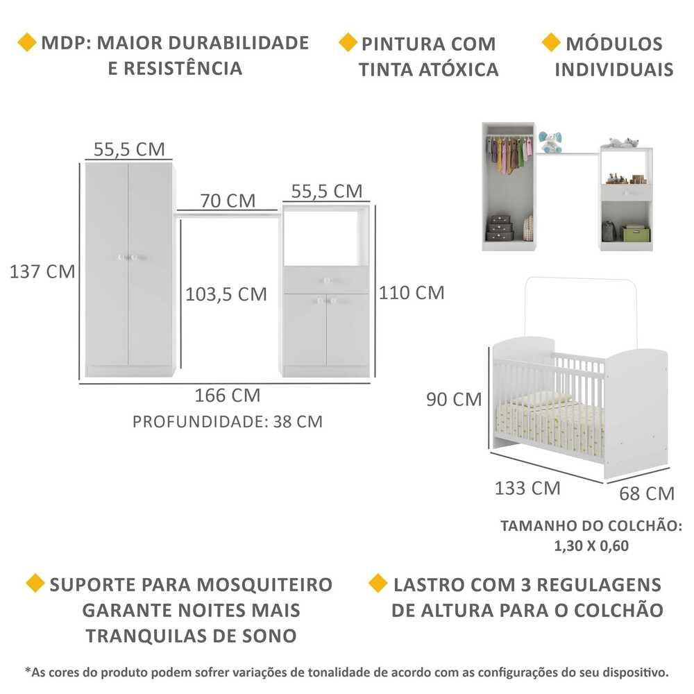 Encontraproduto.com.br - Quarto de Bebê Completo Berço/Guarda-Roupa/Cômoda FG2869 Multimóveis Branco
