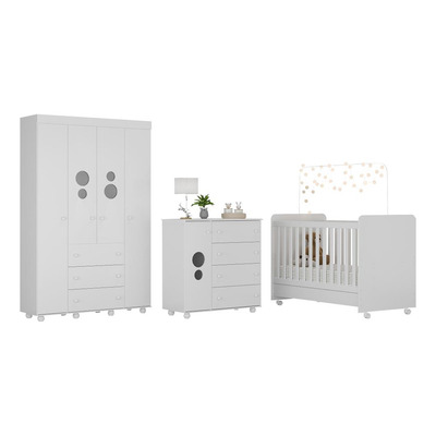 Quarto Completo com Berço 3x1 com Rodízios Multimóveis Pimpolho FG3011 Branco