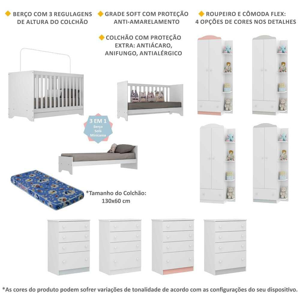 Encontraproduto.com.br - Quarto Infantil Completo c/ Berço 3x1 e Colchão Incluso Multimóveis João e Maria FG3034 Bco/Colorido