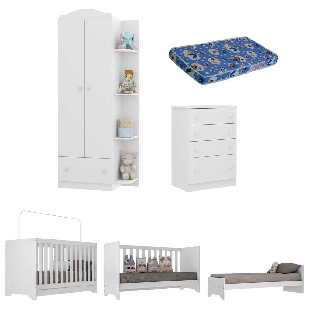 Encontraproduto.com.br - Quarto Infantil Completo c/ Berço 3x1 e Colchão Incluso Multimóveis João e Maria FG3034 Bco/Colorido