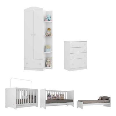 Quarto Infantil Completo com Berço 3x1 Multimóveis FG3033 Branco/Colorido