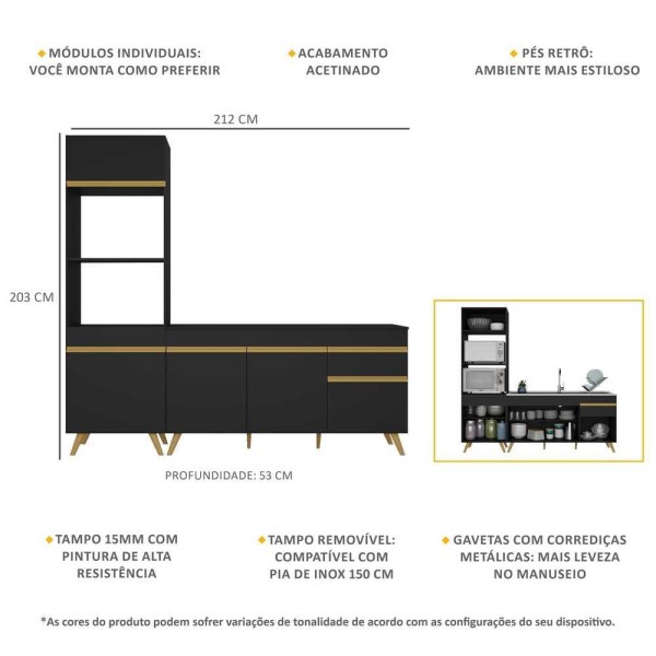 Encontraproduto.com.br - Armário de Cozinha Compacta Veneza Multimóveis MP2078 e Balcão Preta