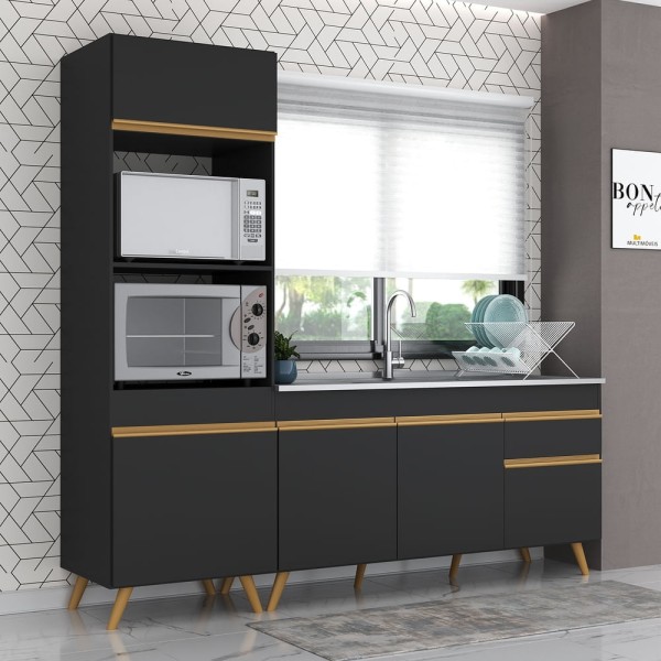 Encontraproduto.com.br - Armário de Cozinha Compacta Veneza Multimóveis MP2078 e Balcão Preta