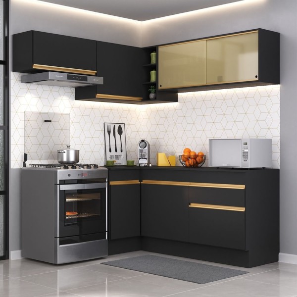 Encontraproduto.com.br - Armário de Cozinha Completa de Canto com Rodapé Veneza Multimóveis MP2094 Preta