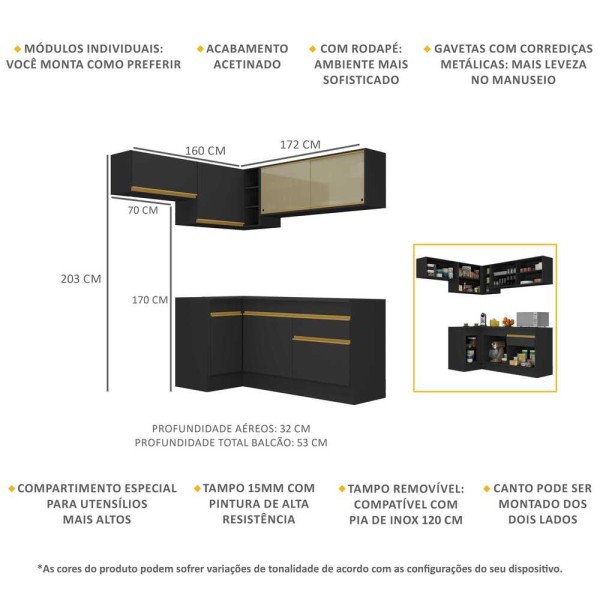 Encontraproduto.com.br - Armário de Cozinha Completa de Canto com Rodapé Veneza Multimóveis MP2094 Preta