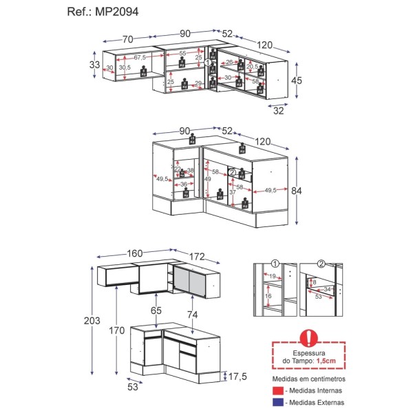 Encontraproduto.com.br - Armário de Cozinha Completa de Canto com Rodapé Veneza Multimóveis MP2094 Preta