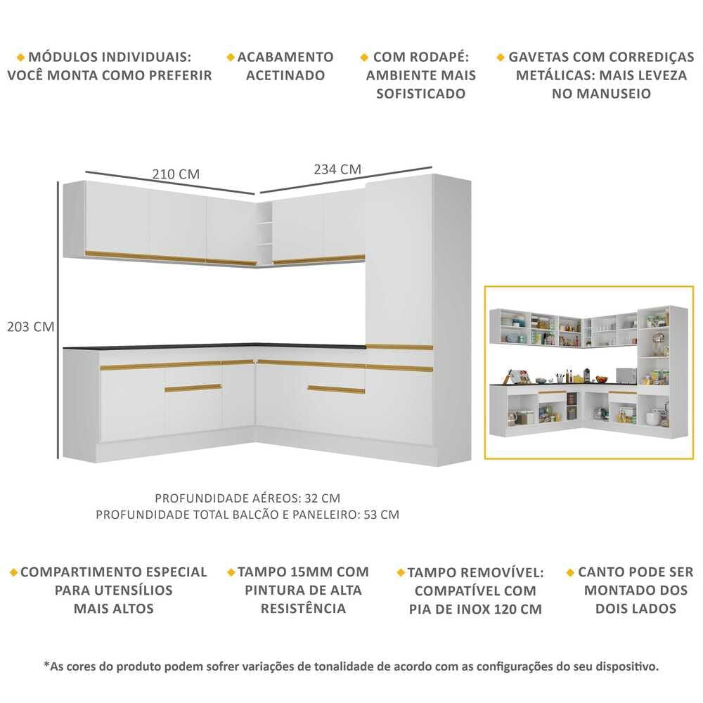 Encontraproduto.com.br - Armário de Cozinha Completa de Canto com Rodapé Veneza Multimóveis MP2101 e Balcão Branca