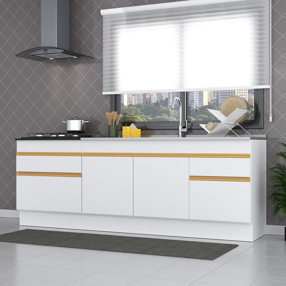 Encontraproduto.com.br - Kit 2 Balcões Com Rodapé Gabinete Pia E Cooktop Branco