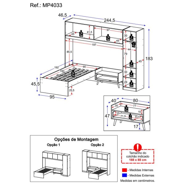 Encontraproduto.com.br - Cama de Solteiro com Guarda-Roupa e Mesa de Cabeceira Retrô Dublin Multimóveis MP4033 Branca/Natural