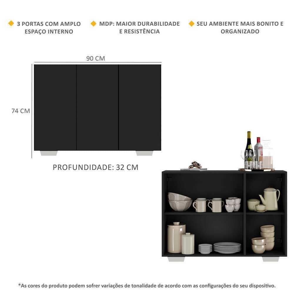 Encontraproduto.com.br - Aparador Buffet 3 Portas com Pés Quadrados Veneza Multimóveis MP1010 Preto/Branco