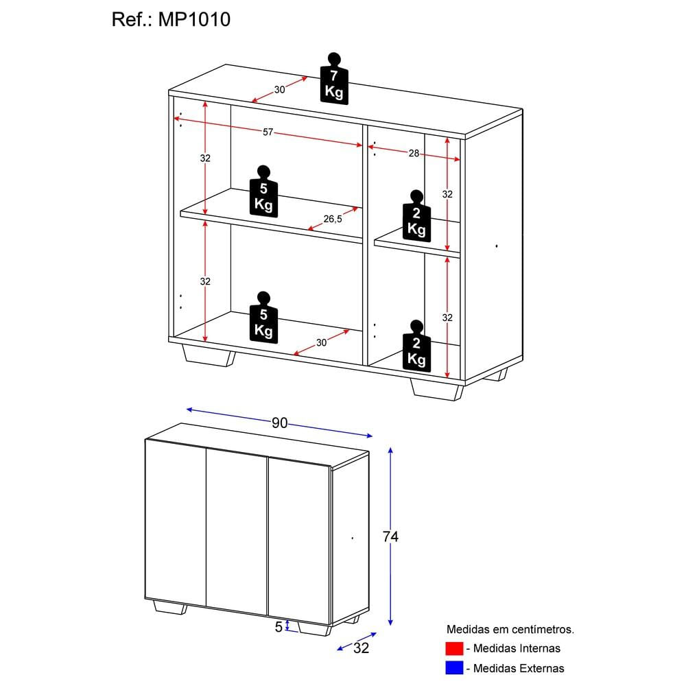 Encontraproduto.com.br - Aparador Buffet 3 Portas com Pés Quadrados Veneza Multimóveis MP1010 Preto/Branco