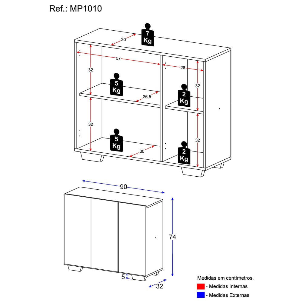 Encontraproduto.com.br - Aparador Buffet 3 Portas com Pés Quadrados Veneza Multimóveis MP1010 Preto/Branco