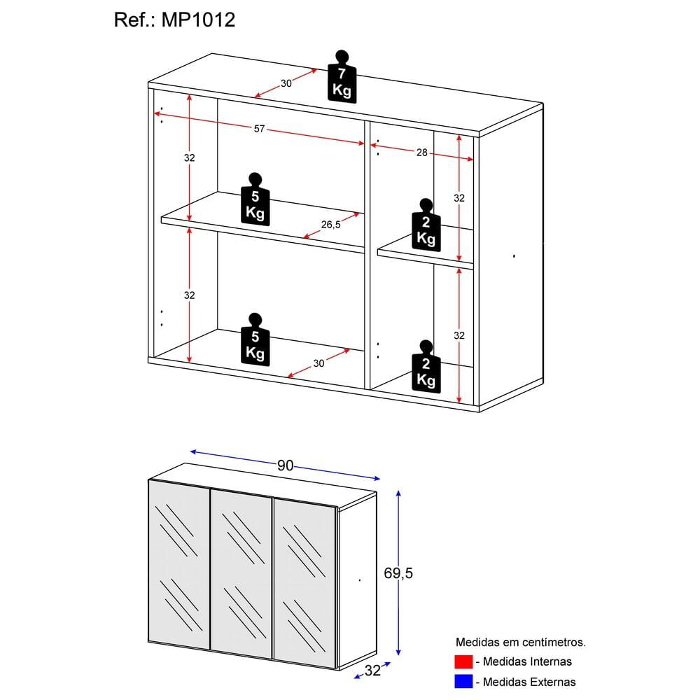 Encontraproduto.com.br - Aparador Buffet 3 Portas com Espelho Suspenso Vegas Multimóveis MP1012 Branco