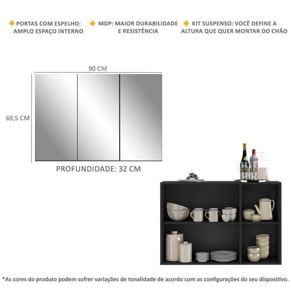 Encontraproduto.com.br - Aparador Buffet 3 Portas com Espelho Suspenso Vegas Multimóveis MP1012 Preto