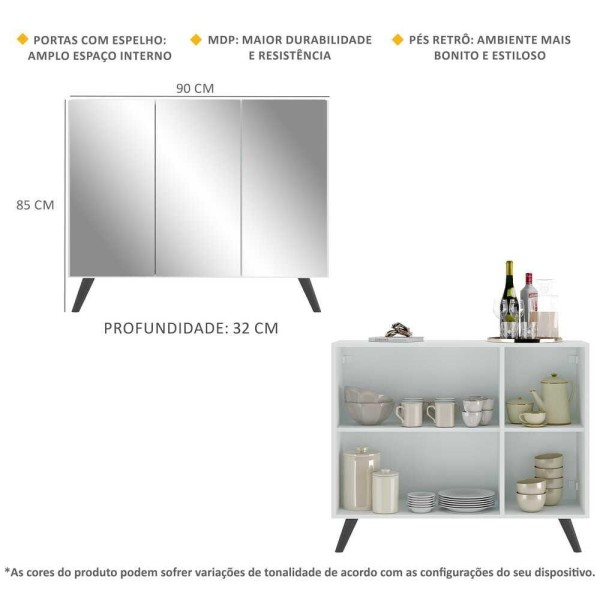 Encontraproduto.com.br - Aparador Buffet 3 Portas com Espelho Retrô Vegas Multimóveis MP1013 Branco/Preto