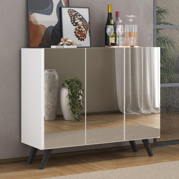 Encontraproduto.com.br - Aparador Buffet 3 Portas com Espelho Retrô Vegas Multimóveis MP1013 Branco/Preto